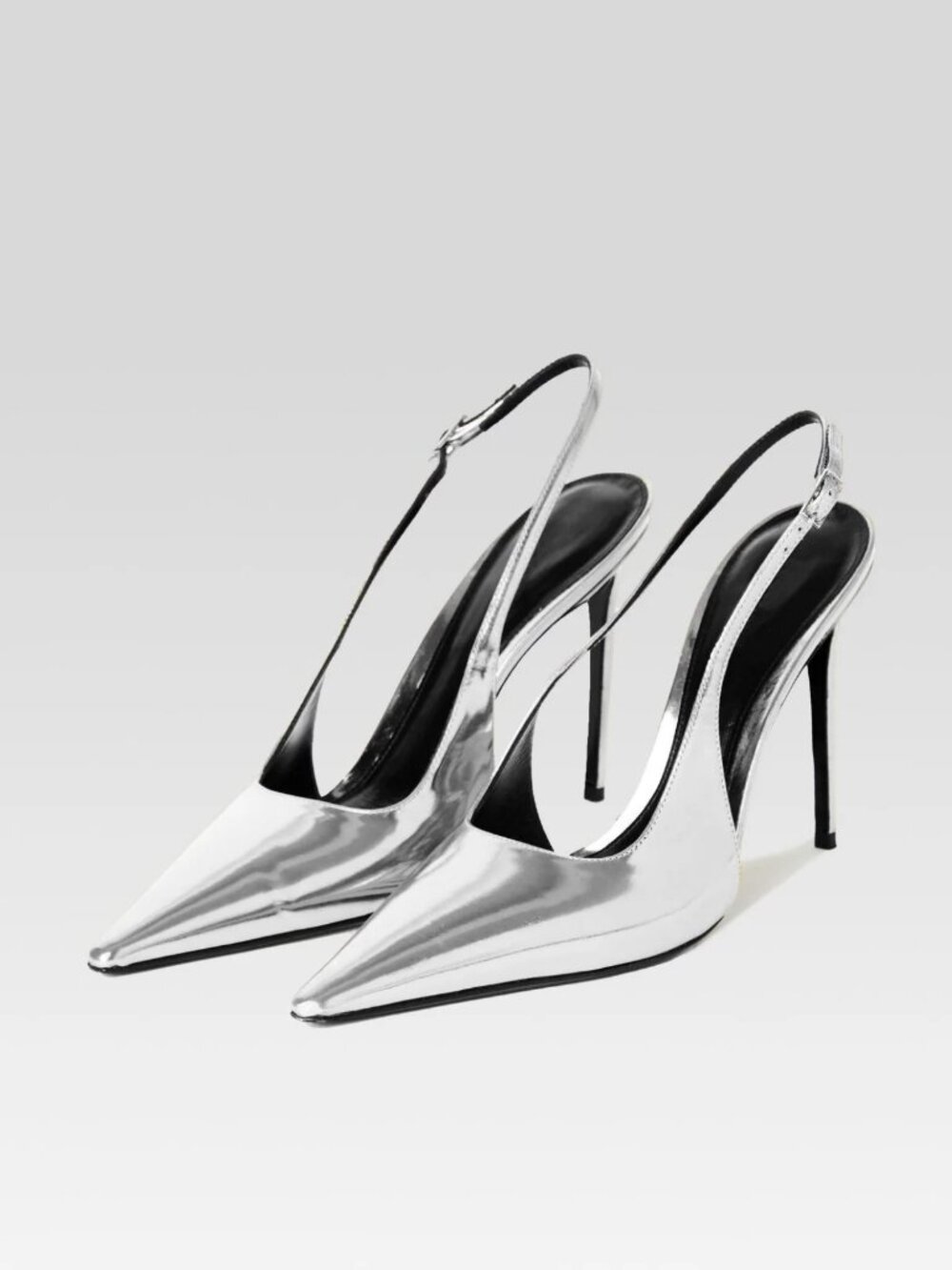 Metallic Silver Pointed Toe Slingback Heels | Chrome Stiletto Pumps